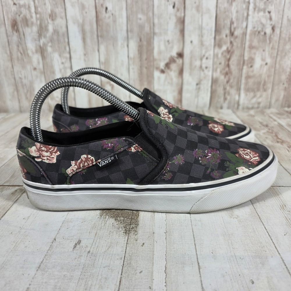 Vans Classic Slip-On Floral Checkerboard Black Grey Pink Shoes Womens 8 508731
